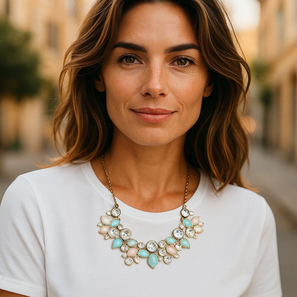 Seafoam Aqua Teal Pink Cream Statement Necklace NEW‎